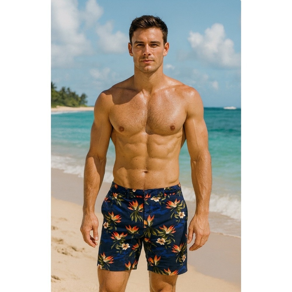 Cactus Man Ricky Singh Mens 34 Flat Front Chino, Navy  Blue, Hawaii Floral,